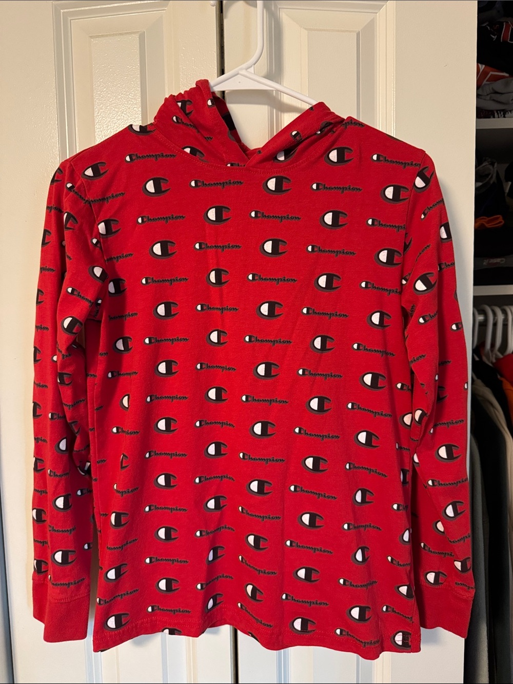 Champion Red All-Over Logo Kids long Sleeve Hoodie Shirt L
